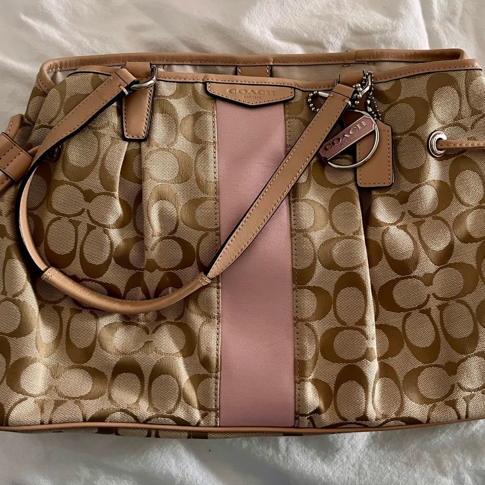 Vintage Coach Gold Signature Tote with Pink Center Stripe and Tan Trim